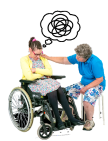 A young woman in a wheel chair is being consoled by someone. The young woman has a thought bubble beside her that shows she is confused