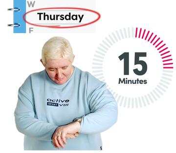 A diary page with the word Thursday circled, a woman looking at her watch and a timer showing 15 minutes.