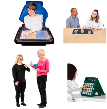 Someone using a taking mat, someone using sign language, and two other people using communication aids