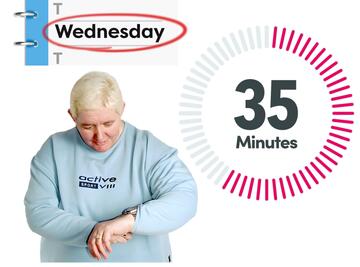 A diary page with the word Wednesday circled, a timer showing 35 minutes and a woman looking at her watch.