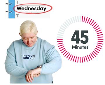 A diary page with the word Wednesday circled, a timer showing 45 minutes and a woman looking at her watch.