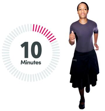A timer showing 10 minutes and a woman running.