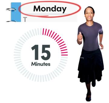 A diary page with the word Monday circled, a timer showing 15 minutes and a woman running.