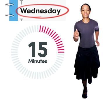 A diary page with the word Wednesday circled, a timer showing 15 minutes and a woman running.