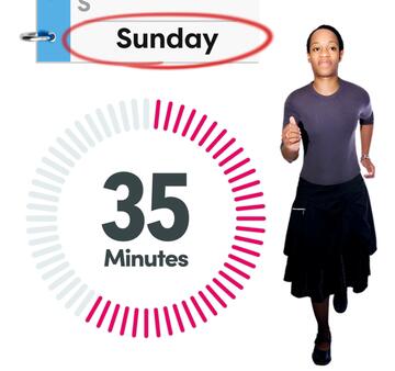 A diary page with the word Sunday circled, a timer showing 35 minutes and a woman running.
