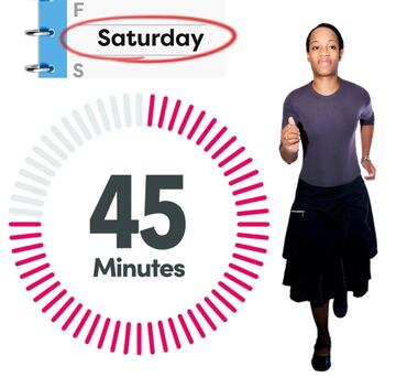 A diary page with the word Saturday circled, a timer showing 45 minutes and a woman running.