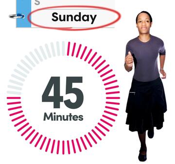 A diary page with the word Sunday circled, a timer showing 45 minutes and a woman running.