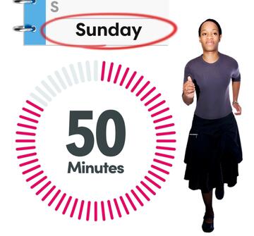 A diary page with the word Sunday circled, a timer showing 50 minutes and a woman running.