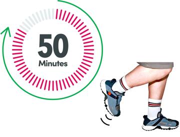 A timer showing 50 minutes with a green arrow around the outside of the timer and a pair of legs running.