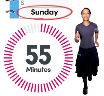 A diary page with the word Sunday circled, a timer showing 55 minutes and a woman running.