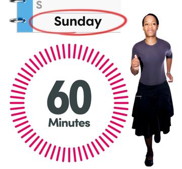 A diary page with the word Sunday circled, a timer showing 60 minutes and a woman running.