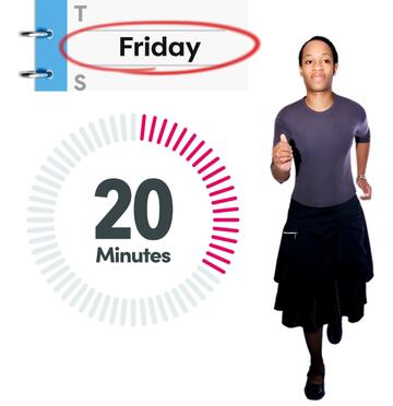 A diary page with the word Friday circled, a timer showing 20 minutes and a woman running.