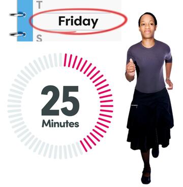 A diary page with the word Friday circled, a timer showing 25 minutes and a woman running.