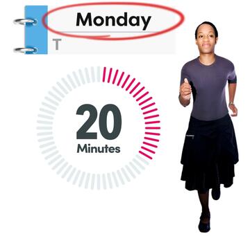 A diary page with the word Monday circled, a timer showing 20 minutes and a woman running.
