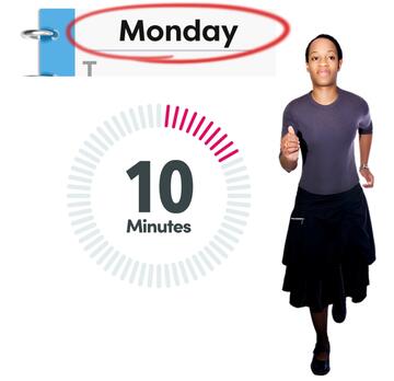 A diary page with the word Monday circled, a timer showing 10 minutes and a woman running.