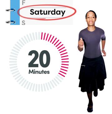 A diary page with the word Saturday circled, a timer showing 20 minutes and a woman running.