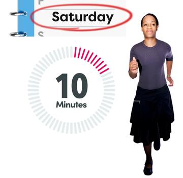 A diary page with the word Saturday circled, a timer showing 10 minutes and a woman running.