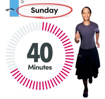A diary page with the word Sunday circled, a timer showing 40 minutes and a woman running.