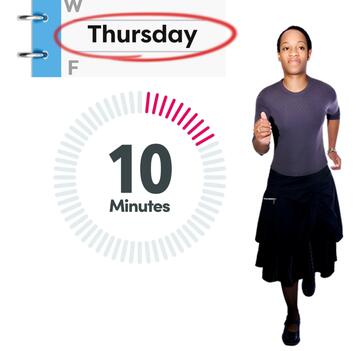 A diary page with the word Thursday circled, a timer showing 10 minutes and a woman running.
