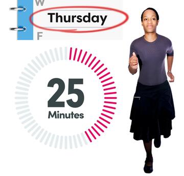 A diary page with the word Thursday circled, a timer showing 25 minutes and a woman running.