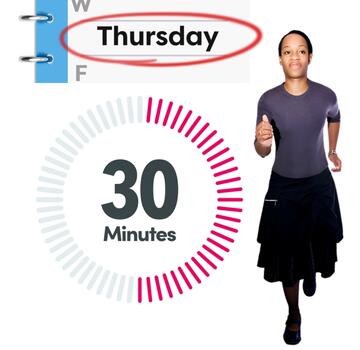 A diary page with the word Thursday circled, a timer showing 30 minutes and a woman running.