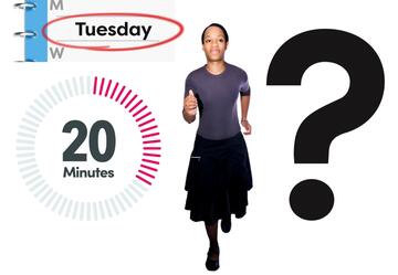 A diary page with the word Tuesday circled, a timer showing 20 minutes, a woman running and a question mark beside her.