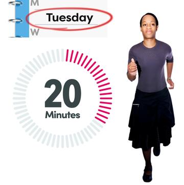 A diary page with the word Tuesday circled, a timer showing 20 minutes and a woman running.