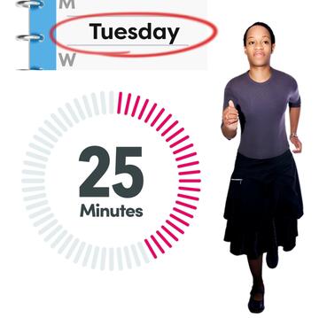 A diary page with the word Tuesday circled, a timer showing 25 minutes and a woman running.