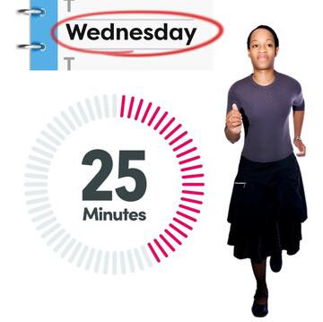 A diary page with the word Wednesday circled, a timer showing 25 minutes and a woman running.