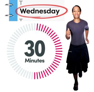 A diary page with the word Wednesday circled, a timer showing 30 minutes and a woman running.