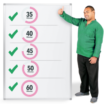 A man with his thumb up beside a list of times with ticks beside them.