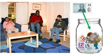 A group of people sitting in a lounge.  Beside them is a five pound note with an arrow pointing into a jar with notes and coins in it.