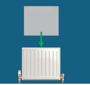 A silver rectangle against a blue wall with an arrow pointing down to a radiator.