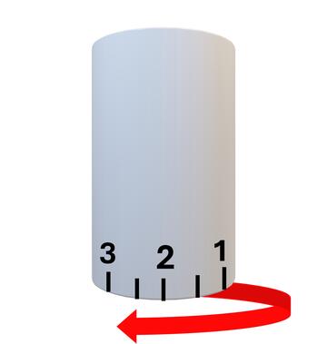 A radiator valve with numbers on it and a red arrow pointing from number 1 towards number 3.