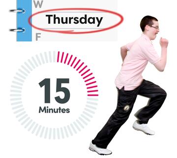 A diary page with the word Thursday circled, a timer showing 15 minutes and a boy running.