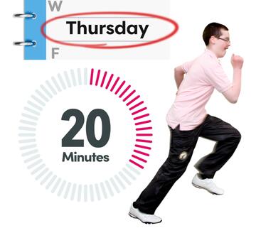 A diary page with the word Thursday circled, a timer showing 20 minutes and a boy running.
