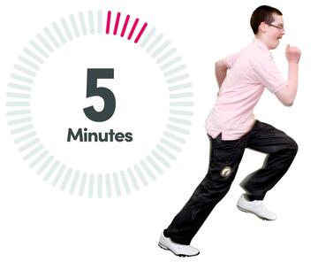 A timer showing 5 minutes and a boy running.