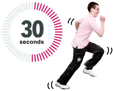 A boy running with movement marks by his arm and feet and a timer showing 30 seconds.