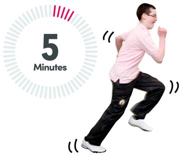 A boy running with movement marks by his arm and feet and a timer showing 5 minutes.