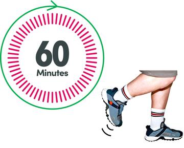 A timer showing 60 minutes with a green arrow around the outside of it and a pair of legs running.