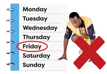 A diary with the word Friday circled and a cross beside a man crouched ready to run.