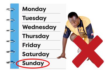 A diary with the word Sunday circled and a cross beside a man crouched ready to run.