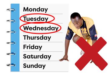 A diary with the words Tuesday and Wednesday circled and a cross beside a man crouched ready to run.