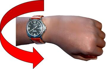 A red arrow pointing anti clockwise around a wrist with a watch on it.