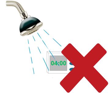 A shower with water going on to a digital timer which has a red cross beside it.