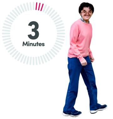 A man walking and a timer showing 3 minutes.