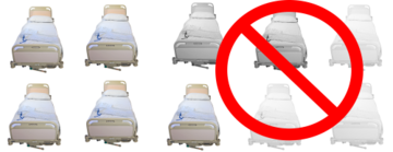 10 hospital beds with 2 of them in grey and 3 of them in black and white. The ones in grey and black and white have a no sign over them.png