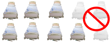 10 hospital beds with 3 of them in black and white. The ones in black and white have a no sign over them