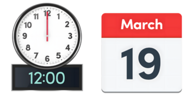 A clock showing 12pm next to a calendar date showing 19 March