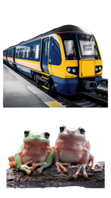 A train and two frogs